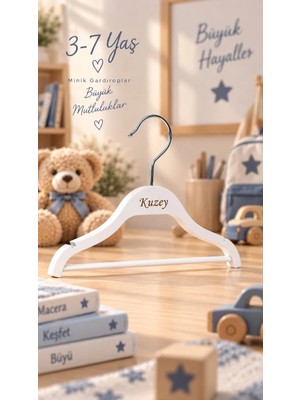 NYN İsimli Kişiye Özel  Ahşap 8000 3-7 Yaş 30cm Barlı Çocuk Askısı Beyaz Renk 6 Adet