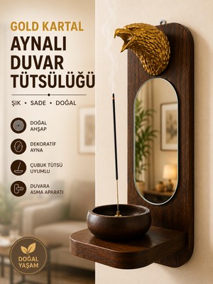 Prusias Wood Gold Kartal Başlı Aynalı Duvar Tütsülüğü – Doğal Ahşap Dekoratif Çubuk Tütsü Tutucu