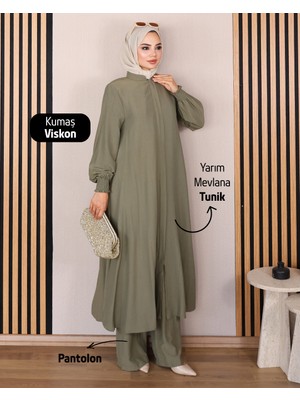 Moda Hayme Viskon Alt Üst Ikili Tesettür Takım Yarım Mevlana Tunik ve Pantolon Bir Arada Haki