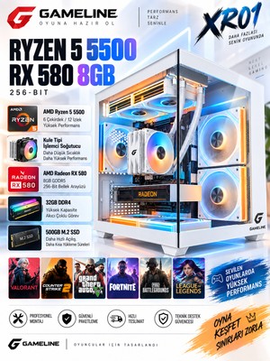 Gameline XR01 /Ryzen 5 5500/RX 580 8GB 256-BIT /32GB RAM DDR4 /500GB M.2 SSD /Kule Tipi Soğutuculu Oyuncu Bilgisayarı
