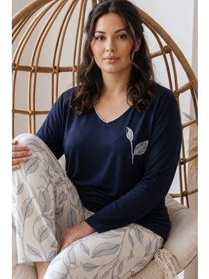 Siyah İnci Lacivert Desenli Nakışlı Büyük Beden Battal Boy Viskon Örme Pijama Takım 26224830