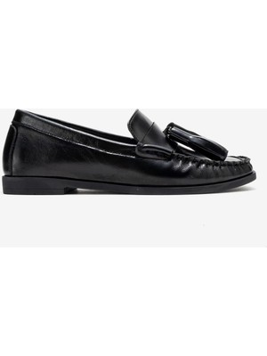 Dericlub Kadın Püskül Detaylı Loafer Ayakkabı Gerçek Deri Mıren Siyah