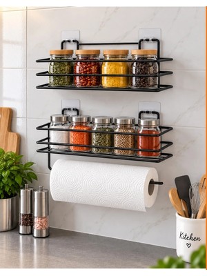 Esmana Living Yapışkanlı Baharatlık 2' Li Metal Kağıt Havluluk Siyah Baharat Standı Mutfak Rafı