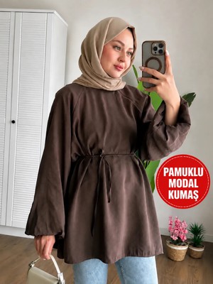 Moonsc Kadın Balon Kol Bel Bağlamalı Modal Kumaş Kahverengi Tesettür Tunik Gömlek