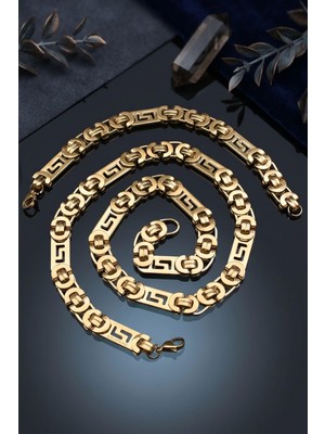 Prestige Paslanmaz Çelik Euro Kral Model Erkek Kolye Zincir Ve Bileklik Set 10 Mm Altın Kaplama 902914