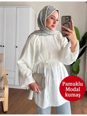Moonsc Kadın Balon Kol Bel Bağlamalı Modal Kumaş Beyaz Tesettür Tunik Gömlek
