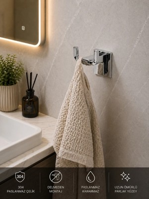 FUALORA Yapışkanlı Banyo Aksesuarı Ikili Bornozluk 304 Paslanmaz Çelik