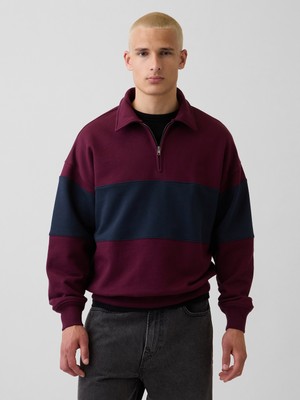Gap Erkek Bordo Heavyweight Oversized Çizgili Yarım Fermuarlı Sweatshirt
