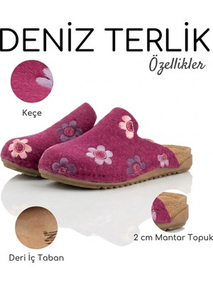 Deniz Terlik Kadın Keçe Yumuşak Hafif Ortopedi Kaymaz Tabanlı Çiçek Desenli Kışlık Ev Terliği