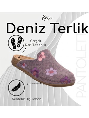 Deniz Terlik Kadın Keçe Yumuşak Hafif Ortopedi Kaymaz Tabanlı Çiçek Desenli Kışlık Ev Terliği