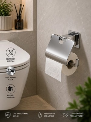 FUALORA Yapışkanlı Banyo Aksesuarı Kapaklı Wc Kağıtlık 304 Paslanmaz Çelik