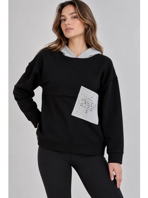 Sortie Collection Kadın Triko Kapüşonlu ve Cepli Pamuklu Sweatshirt Siyah
