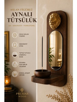 Prusias Wood Aslan Figürlü Aynalı Duvara Asmalı Ahşap Tütsülük ve Dekoratif Duvar Aksesuarı