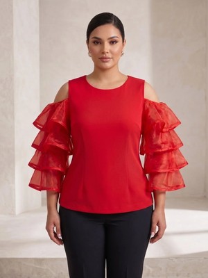 Rocmay Büyük Beden Organze Volan Kol Elegant Bluz