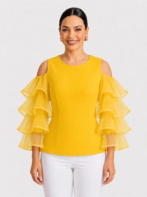 Rocmay Büyük Beden Organze Volan Kol Elegant Bluz