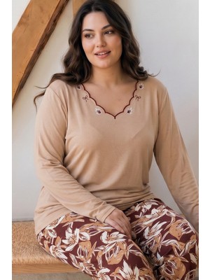 Siyah İnci Desenli Nakışlı Büyük Beden Battal Boy Viskon Örme Pijama Takım 26224848