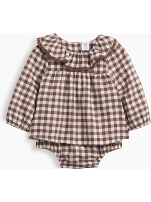 Gap Bebek Kahverengi Gingham Flannel Bodysuit Elbise
