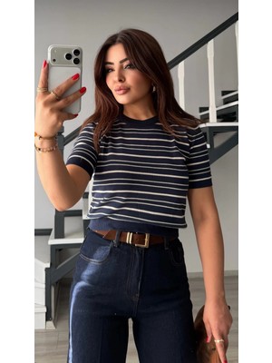 Elisin Lacivert-Beyaz Çizgili Kısa Kol Triko Bluz