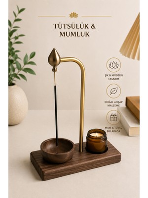 Prusias Wood Koyu Ahşap Tütsülük & Mumluk - Doğal Ahşap Dekoratif Çubuk Tütsü Standı - Metal Gövdeli Modern Tasarım