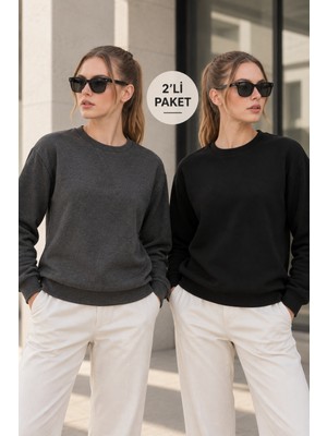 Quhox Kadın 2’li Bisiklet Yaka Basic Sweatshirt – Siyah / Antrasit