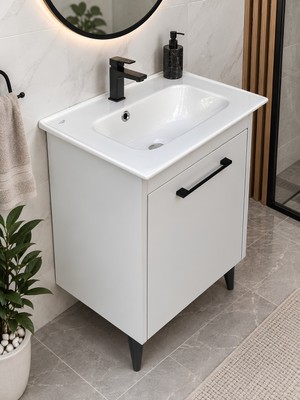 Turkuaz Lavabolu Gri Banyo Dolabı - Siyah Kulp ve Ayaklı Şık Tasarım