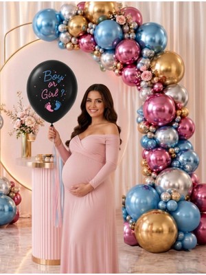 Mucit Home Cinsiyet Belirleme Balon Seti -Boy Or Girl - 1 Adet 24 Inç Büyük Boy + 50 Adet 12 Inç  Metalik Balon - Balon Pompası - Balon Zinciri -Balon