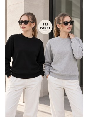 Quhox Kadın 2’li Bisiklet Yaka Basic Sweatshirt – Siyah / Gri