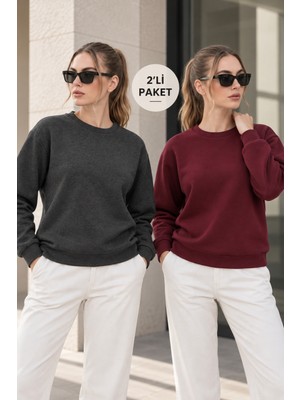 Quhox Kadın 2’li Bisiklet Yaka Basic Sweatshirt – Bordo / Antrasit