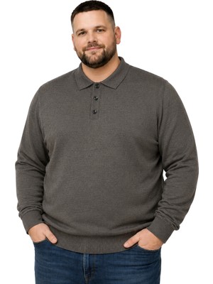 Battal Moda Erkek Büyük Beden Koyu Vizon Düğmeli Polo Yaka Triko Kazak 3xl-4xl-5xl-6xl