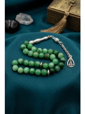 Prestige Gümüş Doğal Jade Yeşim Taşlı 33'lük Tesbih Metal Püsküllü 8mm Küre Kesim 902848