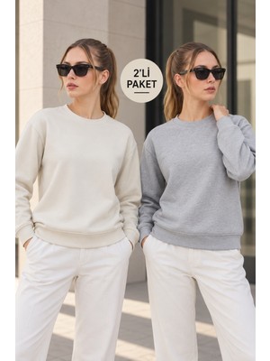 Quhox Kadın 2’li Bisiklet Yaka Basic Sweatshirt – Gri / Ekru