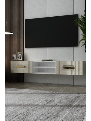 Dekortis Home Dekor 180DHDTDAR8BTA Luna Duvara Monte Pleksi Lazer Desen Kapaklı Tv Sehpası Beyaz-Traverten-Altın