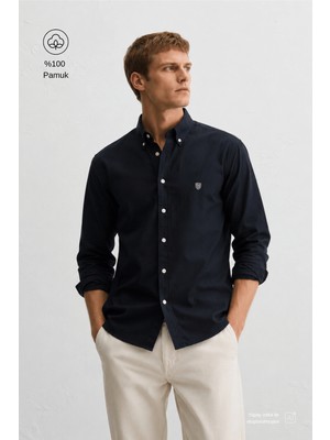 Ucla TYSON Siyah Nakışlı %100 Pamuk Poplin Standard Fit Erkek Gömlek
