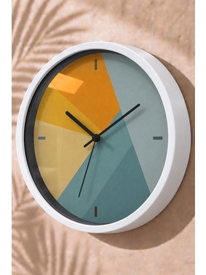 JHAAR Sarı Mavi Geometrik Üçgenler Modern Duvar Saati - Orta Boyut 25 cm - Beyaz Kasa - Camlı Sessiz