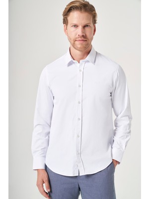 İmza Beyaz Sert Yaka Uzun Kol Cepsiz Slim Fit Pamuklu Gömlek 1004260213