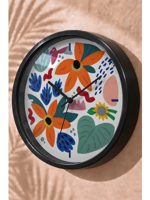 JHAAR Renkli Büyük Çiçekli Modern Duvar Saati - Orta Boyut 25 cm - Siyah Kasa - Camlı Sessiz