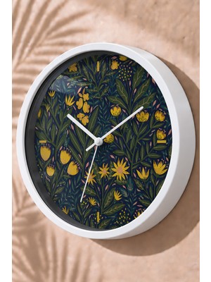 JHAAR Lacivert Sarı Botanik Desenli Modern Duvar Saati - Orta Boyut 25 cm - Beyaz Kasa - Camlı Sessiz