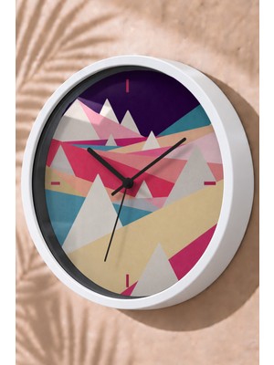 JHAAR Renkli Geometrik Dağlar Modern Duvar Saati - Orta Boyut 25 cm - Beyaz Kasa - Camlı Sessiz