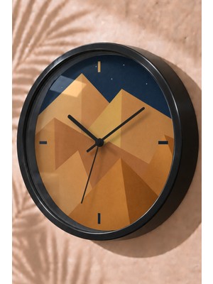 JHAAR Hardal Geometrik Dağlar Modern Duvar Saati - Orta Boyut 25 cm - Siyah Kasa - Camlı Sessiz