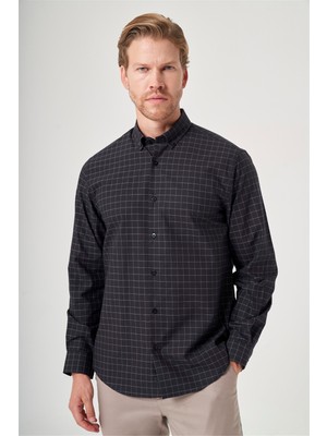 İmza Siyah-Beyaz Düğmeli Yaka Uzun Kol Cepsiz Slim Fit %100 Pamuk Gömlek 1004260206