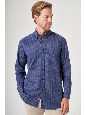 İmza Beyaz-Lacivert Düğmeli Yaka Uzun Kol Cepsiz Slim Fit %100 Pamuk Gömlek 1004260204