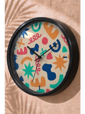 JHAAR Renkli Soyut Şekiller Modern Duvar Saati - Orta Boyut 25 cm - Siyah Kasa - Camlı Sessiz