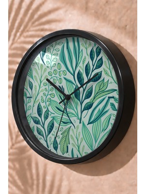 JHAAR Yeşil Botanik Yapraklı Modern Duvar Saati - Orta Boyut 25 cm - Siyah Kasa - Camlı Sessiz