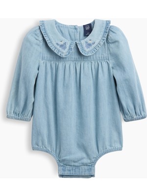 Gap Bebek Mavi Işlemeli Denim Balon Kol Bodysuit