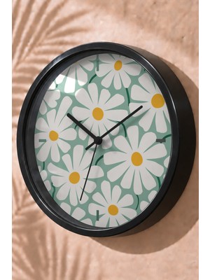 JHAAR Yeşil Papatya Desenli Modern Duvar Saati - Orta Boyut 25 cm - Siyah Kasa - Camlı Sessiz