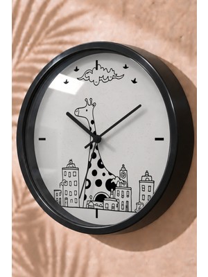 JHAAR Siyah Beyaz Zürafa ve Şehir Modern Duvar Saati - Orta Boyut 25 cm - Siyah Kasa - Camlı Sessiz