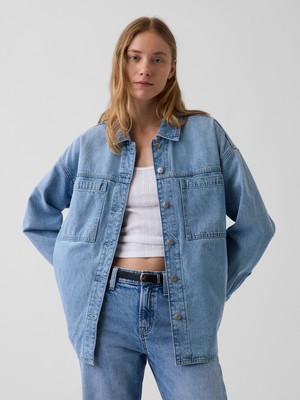 Gap Kadın Açık Mavi Denim Oversized Gömlek Ceket