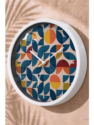 JHAAR Mavi Turuncu Geometrik Mozaik Modern Duvar Saati - Orta Boyut 25 cm - Beyaz Kasa - Camlı Sessiz
