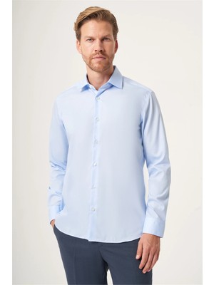 İmza Mavi Italyan Yaka Slim Fit Kolay Ütü Pamuklu Gömlek 1004265269