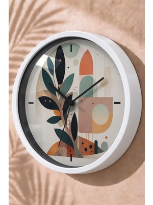 JHAAR Pastel Soyut Botanik Modern Duvar Saati - Orta Boyut 25 cm - Beyaz Kasa - Camlı Sessiz